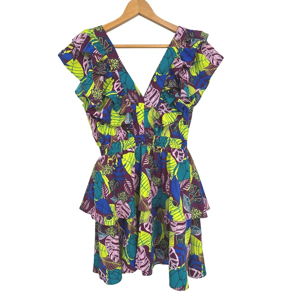Coolibar South Cove Ruffle Dress M Leaf Print V-Neck UPF 50+ Sun Tropical Beach